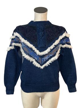Pioneer Wear Women’s Vintage Leather & Fringe Trim Cotton Sweater size S Western